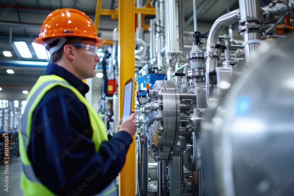 Poster industrial engineer working with tablet computer in a modern factory