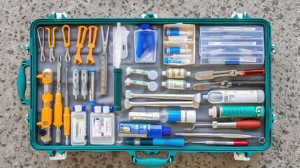 Top view background image of toolkit case and equipment of police and forensic scientists working at crime scene