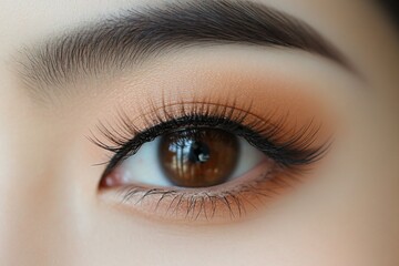 Fototapeta premium A natural look showcasing an eye with subtle eyelash extensions that enhance the lashes' length and fullness, framed by soft, natural makeup for an elegant and refined appearance.