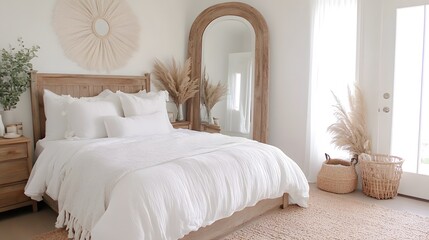 Vintage Farmhouse Bedroom Featuring a Large Antique Mirror – A Charming and Elegant Scene of Rustic Décor and Timeless Style