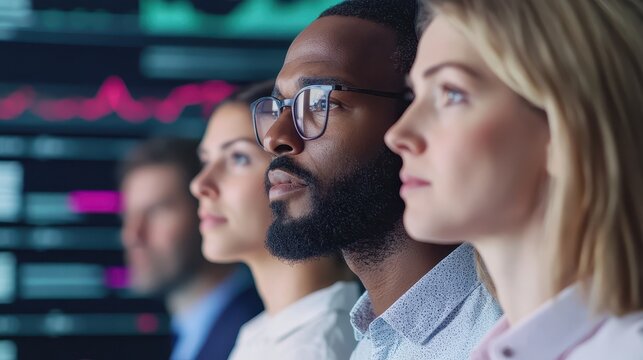 A diverse corporate team working together on global business analytics and metrics displayed on digital screens in their office workspace