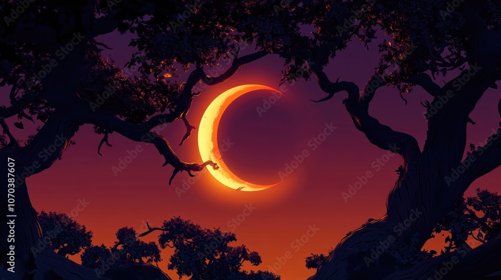 Wall mural partial solar eclipse captured with dark tree silhouettes framing the celestial event perfect for as