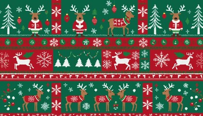 Christmas reindeer and snowflake seamless pattern in red, green, and white. Winter holiday knit style illustration with festive trees, ornaments, and reindeer wearing sweaters. Design for textile, wal