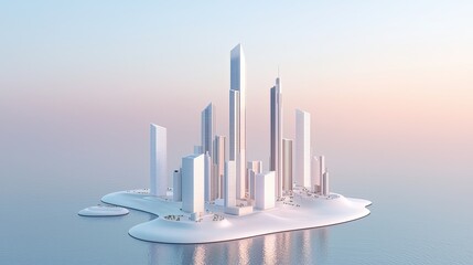 Fototapeta premium A futuristic cityscape with tall skyscrapers on an island, surrounded by calm waters and a soft pastel sky.