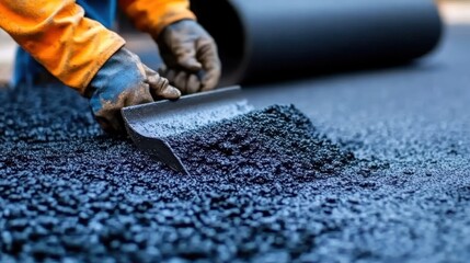 A worker's gloved hands spreading asphalt with a trowel during a construction project.
