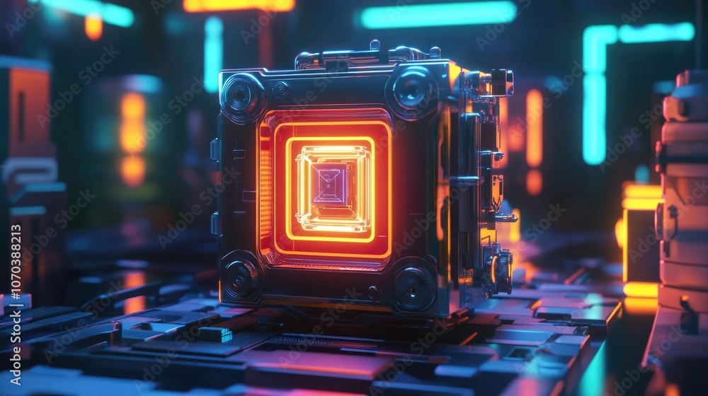 Poster futuristic glowing quantum computer unit displayed in a sleek 3d render illustrating advanced techno