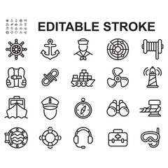 Set of Simple Sailor Related Vector Line Icons. Contains icons such as anchor, ship, buoy and many more. © riky