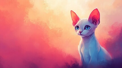 A white hairless kitten with big blue eyes sits against a pink and orange sunset.
