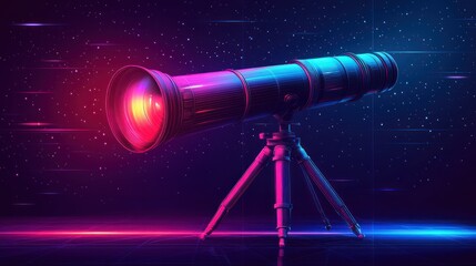 A silver telescope with a red lens sits on a tripod against a dark blue and pink starry background.