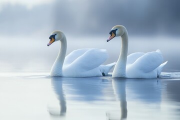 Fototapeta premium Two elegant swans swimming on a misty lake