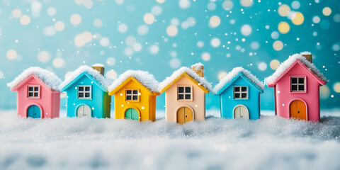 Naklejka premium Colorful miniature snow-covered houses in pastel colors with bokeh lights in background, creating a winter holiday scene. Suitable for Christmas and New Year cards, invitations and backgrounds.