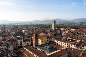 Obraz premium Lucca cityscape showing guinigi tower and tuscan countryside in spring