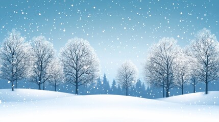 A snowy winter landscape with bare trees and a blue sky.