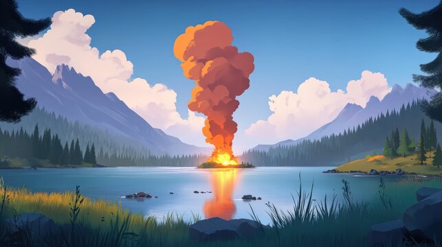 Plume of smoke rising from a newly ignited fire against the backdrop of a serene lake shore dramatic natural scene