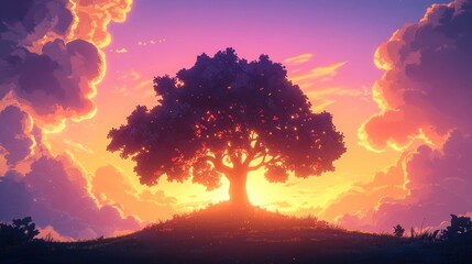 Silhouette of a tree against a vibrant sunset sky creating a dramatic and serene atmosphere