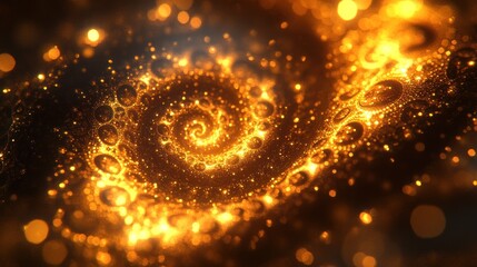 Abstract golden spiral with glowing lights and bokeh effect on a dark background.