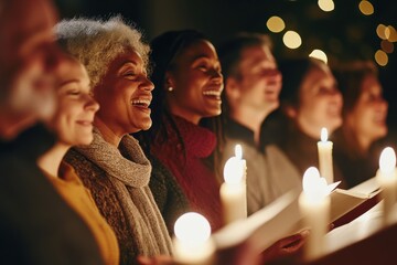 Diverse choir singing Christmas carols by candlelight at a community gathering