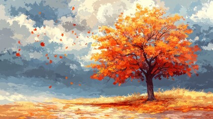 A single tree with vibrant orange leaves stands against a cloudy sky, with fallen leaves scattered on the ground.