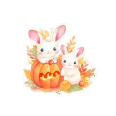Cute Bunnies with Pumpkin in Autumn Leaves Watercolor Illustration