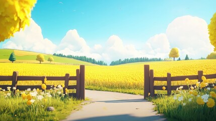 Fototapeta premium Open farm gate inviting viewers into a vibrant agricultural landscape with ripening grain crops under the summer sun