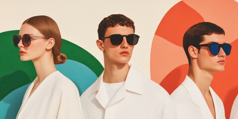 Obraz premium Three models wear stylish sunglasses against a colorful backdrop, exuding a modern and fashionable vibe.