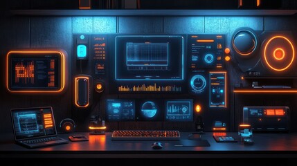 Futuristic tech workspace with neon lighting and monitors displaying data.