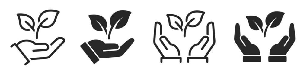 Plant in hand icons set. Hands holding Insurance sign. Leaf, sprout, cultivation, germinating, grow, tree, garden symbol. Hand holding plant flat and line style - stock vector.