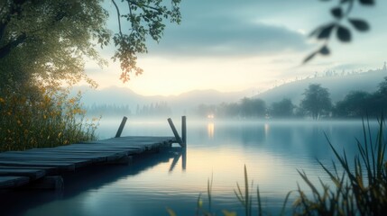 Serene misty morning over tranquil lake waters perfect for calming nature scenes