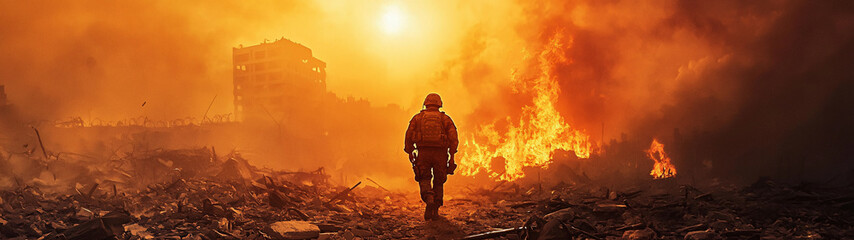 Naklejka premium soldier walks through ruins of urban area engulfed in flames, showcasing bravery amidst destruction. intense fire and smoke create dramatic atmosphere