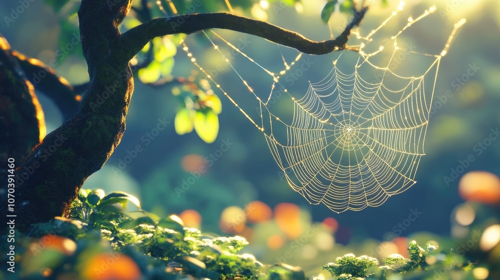 Wall mural intricate spider web glistening on a tea tree showcasing nature s craftsmanship and delicate balance