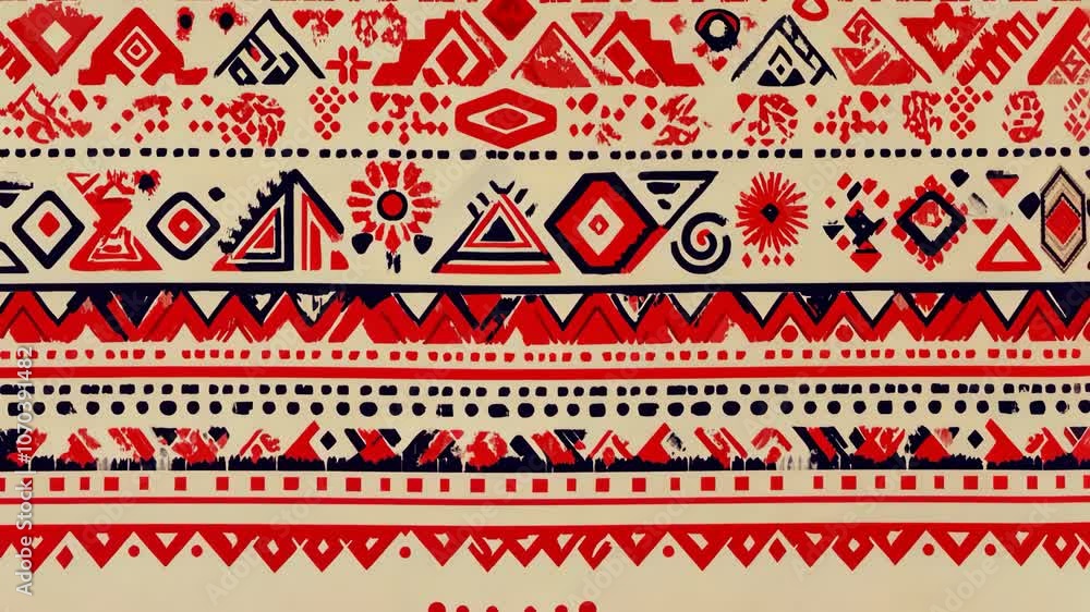 Aufkleber a repeating pattern of geometric shapes in red and black on a beige background