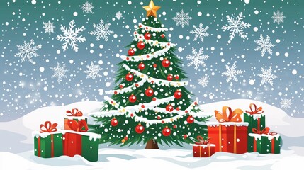 A Christmas tree with snowflakes, some gifts and mistletoe, The scene should be on the side and use the colors of Christmas, green and red 