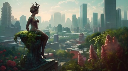 Chic Urban Rooftop Garden with Lush Greenery and Cozy Seating
