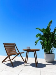 Fototapeta premium Relaxing Patio Scene with Wooden Chair, Table and Tropical Plant