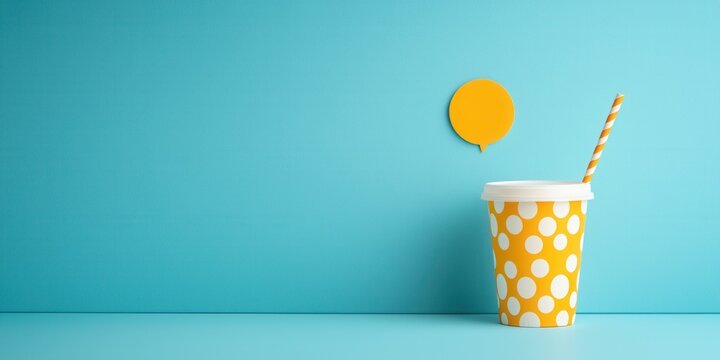 A vibrant yellow cup with polka dots and a straw against a bright blue background, complemented by a circular yellow accent.