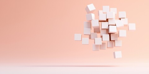 Abstract floating cubes on a soft pink background, creating a minimalistic and modern aesthetic.