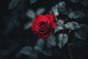 A stunning red rose stands out boldly against dark green leaves. Its petals unfold beautifully. This image captures the elegance of nature. Generative AI