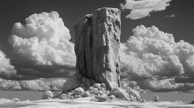 Monolithic Zuma Rock towering against a dramatic sky showcasing its gabbro and granodiorite composition in striking black and white photography