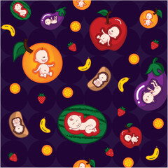 Vector pattern children's print happy babies fun and fruits watermelon orange apple beans banana eggplant dark background