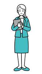 Full body illustration of business person woman with material.
