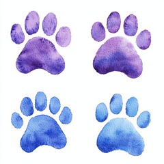 Colorful watercolor pet paw prints in purple and blue on a white background.