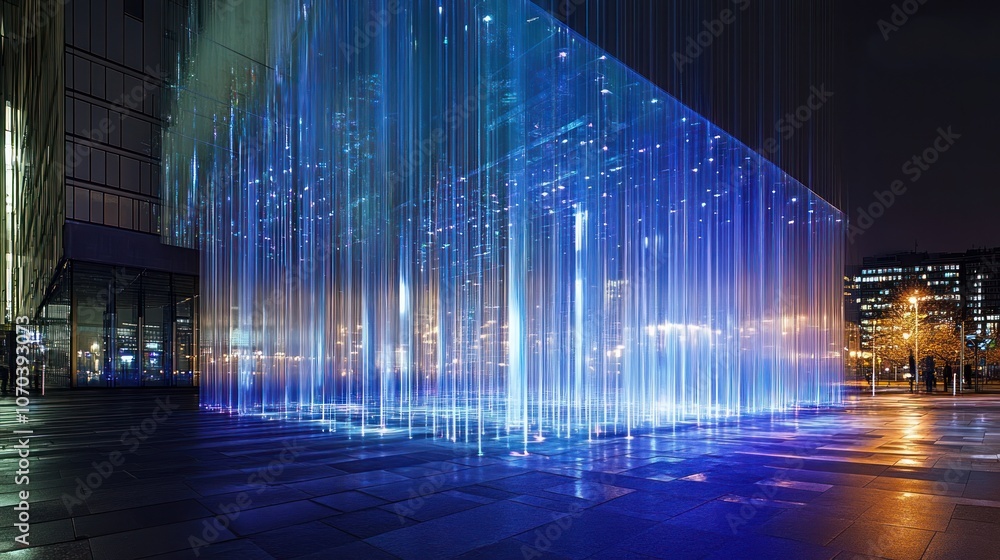 Poster a modern illuminated water feature creating a stunning visual display at night.