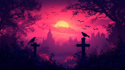 Mysterious sunset over a haunted graveyard with bats and crows