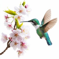 A hummingbird hovers near pink blossoms.