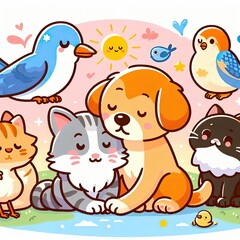 Naklejka premium Animals being kind to each other: This could be a picture of a dog comforting a cat or a bird feeding its young. illustration