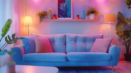 A bright, colorful living room featuring a bouclsofa, vibrant fake posters, plants on stylish shelves, and personal decor items scattered throughout, 