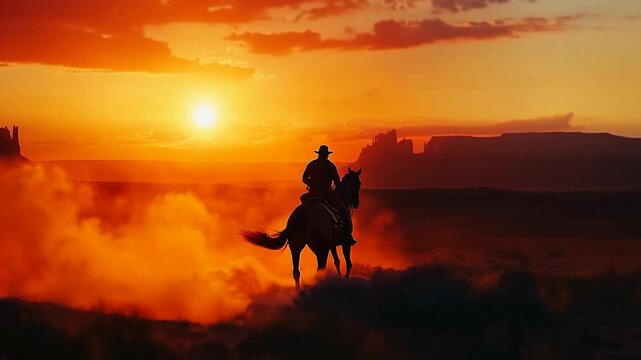 Cowboy Riding Through Desert at Sunset in Silhouette , Horseback Against Dramatic Orange Sky with Monument Valley Rock Formations. Video made using Generative AI.