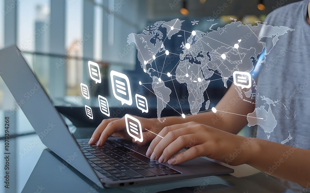 Poster global communication: person using laptop with world map and chat icons projected above