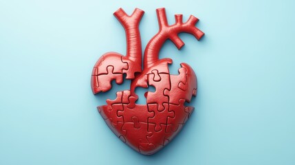 Incomplete heart composed of puzzle pieces with one missing piece symbolizing cardiology awareness and the concept of incomplete health and medical treatment