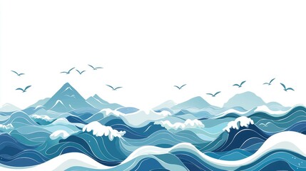 Abstract blue ocean waves with seagulls flying over mountains on horizon.